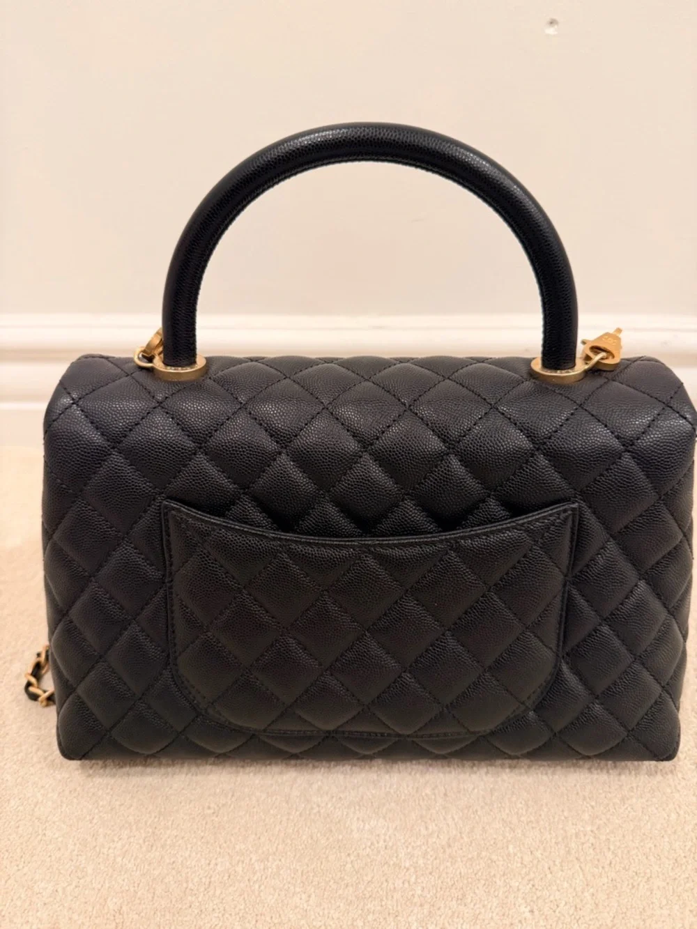CHANEL Black Quilted Caviar Top-Handle Shoulder Bag with Gold Hardware - Picture 3 of 10